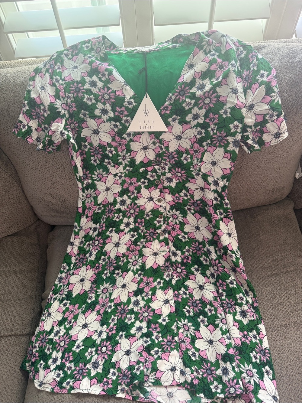 Lost + Wander Green Floral V-Neck Dress with Pink & White Blooms